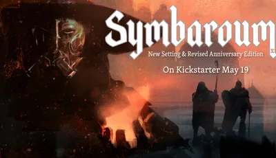 A dark and atmospheric illustration features a mysterious figure wearing a gas mask and a wide-brimmed hat, partially obscured by shadows. The background is filled with swirling dark colors and hints of glowing elements, creating an eerie ambiance that reflects the themes of the Symbaroum universe. The title "Symbaroum" is prominently displayed in bold, stylized lettering, accompanied by the word "New," suggesting an upcoming release or update.
