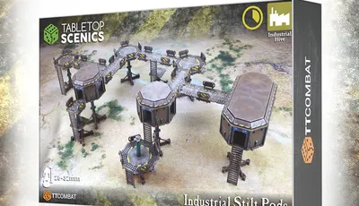 A box for the "Industrial Stilt Pods" set from TTCombat features a detailed illustration of modular pods, stilts, and walkways arranged in an elevated complex. The design includes one large pod and two smaller pods connected by five walkways and six platforms, all set against a textured ground. The packaging prominently displays the TTCombat logo and the "Industrial Hive" branding.