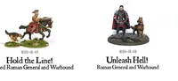 A mounted Roman general in ornate armor rides a black horse, accompanied by a warhound at his side, set on a grassy base. Next to him stands a second Roman general, depicted in a dramatic pose with a flowing cape and armor, on a separate base. The text below each figure identifies them as "Hold the Line! Roman General and Warhound" and "Unleash Hell! Roman General," respectively.