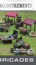 A detailed tabletop scene features a variety of marketplace elements, including wooden stalls, barrels, crates, and bags, all set on a grassy surface. The scene showcases multiple tables with assorted food items and decorative pieces, emphasizing the bustling atmosphere of a market. Above the scene, the text "GENERAL ACCOUTREMENTS" and "MARKETS & BARRICADES" is prominently displayed, indicating the theme of the set.