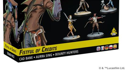 A box for the "Fistful of Credits" expansion for Star Wars: Shatterpoint features vibrant artwork of several bounty hunters. Prominently displayed is Cad Bane, a blue-skinned character wearing a wide-brimmed hat and a long coat, alongside Aurra Sing, who is depicted in a striking outfit. Other characters, including a Chadran-Fan, Todo 360, and a Devaronian, are shown in dynamic poses, emphasizing their roles as Secondary and Supporting Units. The box design includes the Star Wars and Shatterpoint logos, with a color scheme of black, yellow, and blue.
