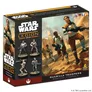 Boxed Star Wars: Legion set labeled "Guerrilla Troopers." Features seven miniatures: two standing female troopers in desert gear, one holding a rifle; five smaller figures in varied poses, some with weapons. Background shows rocky terrain with distant structures.