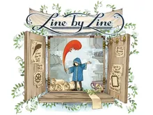 A wooden-framed window display with a banner reading "Line by Line." Inside, a small figure in a blue coat and hat holds a red feather quill, standing on rolled parchment. Shelves hold books and a teapot. Signs on the frame read "Poems," "Coffee," and "Open Mic."