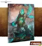 A visually striking Battletome cover for "Helsmiths of Hashut" features a powerful, armored figure emanating a ghostly green glow, symbolizing dark magic and chaos. The character is depicted in a dynamic pose, surrounded by swirling mist and ethereal energy, set against a backdrop of ominous, shadowy landscapes. The title "HELSMITHS OF HASHUT" is prominently displayed at the bottom, with intricate designs on the spine and a textured, dark gold background enhancing the overall dramatic effect.