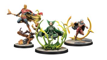 The image features three miniatures from Marvel: Crisis Protocol. On the left, Adam Warlock stands in a dynamic pose, wielding a staff and wearing a red and blue costume with a flowing cape. To the right, Moondragon is depicted seated in a meditative pose, surrounded by a green, swirling energy effect, dressed in a green suit. Both miniatures are mounted on circular bases, with intricate details highlighting their cosmic themes.