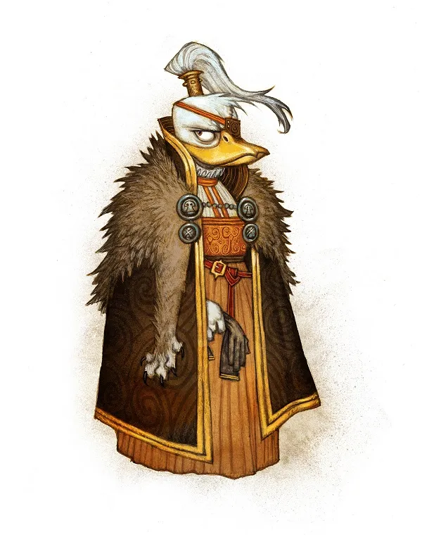 Duck in ornate armor and fur-lined cape with a feathered helmet.