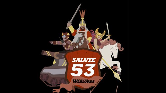 A stylized illustration features a diverse group of characters, including a warrior with a sword, a woman with wings, and a figure on horseback, all set against a black background. Prominently displayed is a red shield with the text "SALUTE 53" in bold white letters, along with the words "SOUTH LONDON WARLORDS" at the bottom. The characters are depicted in a dynamic pose, suggesting action and excitement for the event.