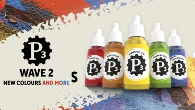 Four bottles of P3 paint are displayed against a colorful, textured background. The bottles include "Gunner Red," "Menite Ochre," "Radiant Yellow," and "Witchfire Green," each featuring a black gear logo with "P3" prominently displayed. The background features splashes of blue, red, and white paint, adding a vibrant artistic flair to the scene.