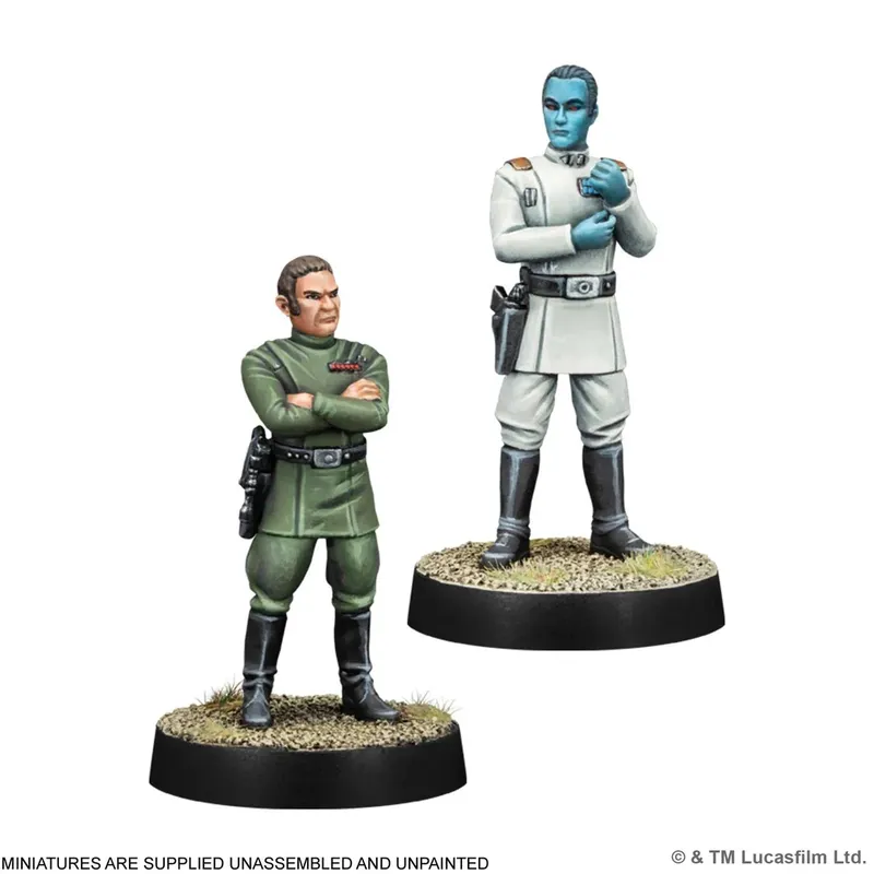 Two unpainted miniatures stand on circular bases with a grassy texture. On the left, a short, confident figure in a green Imperial uniform, arms crossed, has a smirk on his face. On the right, a taller figure in a white uniform with blue skin holds a small object in one hand, exuding a commanding presence. Both figures are designed for use in the Star Wars: Legion tabletop game.