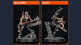 The image features two miniatures from the upcoming Kill Team expansion. On the left is the Skullclaimer, a muscular figure adorned with spikes and chains, wielding a large, menacing axe. On the right is the Stalker, posed dynamically with a weapon raised, showcasing intricate details and a fierce expression, standing on a base that includes skulls and debris. Both miniatures reflect the chaotic and aggressive aesthetic typical of the Goremongers faction.