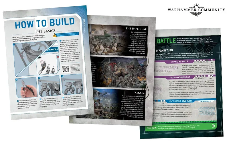 Open cardboard box displaying the first issue of a "Warhammer 40,000 Build Your Own Combat Patrol" partwork collection. The box contains:

- A booklet titled "Build Your Own Combat Patrol: The Basics" featuring step-by-step instructions and images of miniature assembly. The booklet includes:
  - A section on building a Terminator with numbered steps and images.
  - A section on clippers, showing how to remove parts from plastic sprues.
- A set of unpainted gray plastic miniatures, including Space Marines and Tyranid figures, arranged on sprues.
- A full-color magazine with the following visible sections and text:
  - "The Imperium" with an article about the faction.
  - "Battle" section, introducing gameplay with a focus on Captain in Terminators.
  - "Tyranid Turn," describing Tyranid attacks and tactics.
  - "Tyranid Wound Roll," explaining how to resolve combat.
  - "Space Marine Save," detailing the saving throws for Space Marines.
  - "Next Turn" section, previewing the next issue.

The magazine cover shows a large image of a battle scene