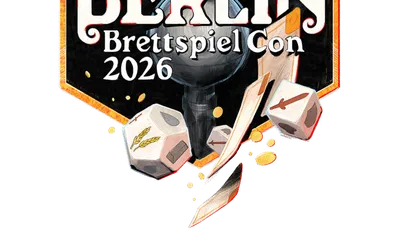 A colorful logo for the Berlin Brettspiel Con 2026 features a stylized bear holding a piece of cheese, set against a dark background. Below the bear, a prominent tower-like structure is depicted, surrounded by game elements such as dice and scattered game pieces. The event name "BERLIN Brettspiel Con" is displayed in bold, eye-catching letters, with the year "2026" clearly indicated at the bottom.