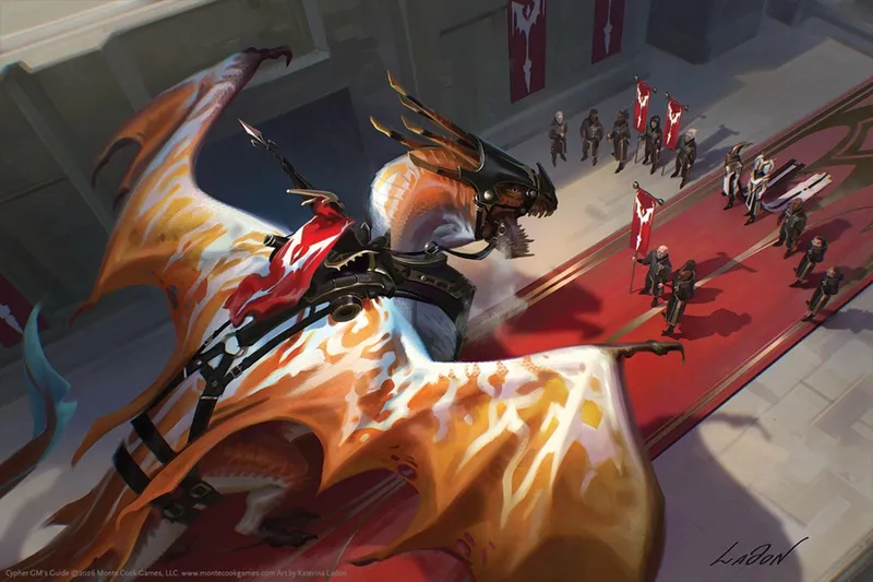 A dragon-like creature with metallic armor and red banners, soaring over a red carpet with armored figures.