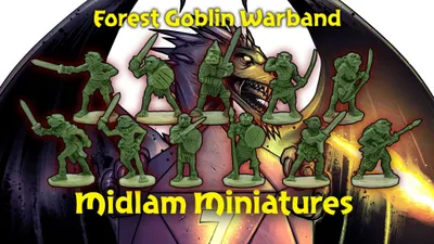 A lineup of eleven green forest goblin miniatures, each standing on a circular base, is displayed prominently in the foreground. They are depicted in various poses, wielding weapons such as swords and shields, showcasing their unique designs. In the background, a fierce creature with sharp teeth and vibrant colors adds a dynamic contrast, while the text "Forest Goblin Warband" and "Midlam Miniatures" is boldly featured at the bottom.
