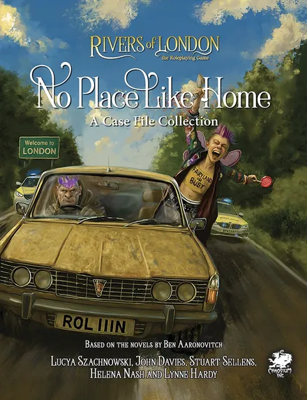 A yellow car with license plate "ROL 111N" on a road, a person with purple hair leaning out, and a "Welcome to LONDON" sign.