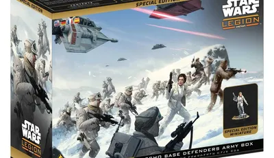 The box for the "Echo Base Defenders Army Box" features a dynamic illustration of Rebel soldiers in snowy terrain, equipped for battle on the icy planet Hoth. Prominently displayed is a Special Edition miniature of General Leia Organa, alongside various troopers and a Wampa in the background. The packaging includes the "Star Wars: Legion" logo and highlights the special edition status, with additional text in multiple languages on the top.