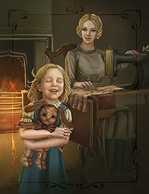 Girl holding a rabbit plushie, woman sewing at a table, fireplace in background.