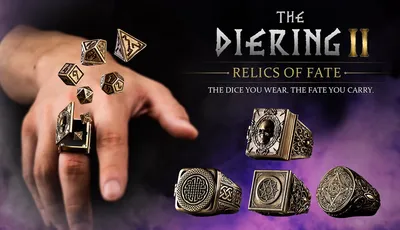 Four fantasy-themed rings are displayed prominently, each featuring intricate designs and motifs. The rings include Gravebound Tome with a skull motif, Runic Oath, Elven Crest, and Arcane Sigil, all crafted from brass with an aged finish. Floating around the rings are various polyhedral dice, highlighting the unique feature of each ring containing a hidden compartment for a complete set of miniature RPG dice.
