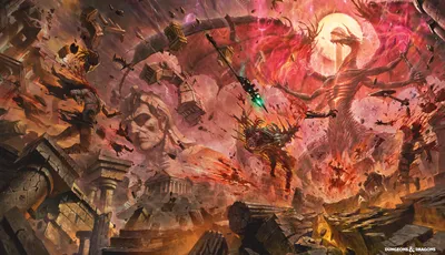 Giant stone head, crumbling ruins, fiery sky, dragon-like creature, armored figure with spear.
