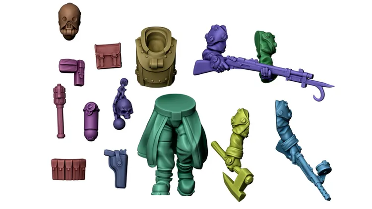A collection of 3D-rendered miniature components for a grimdark-themed tabletop game, featuring various parts in different colors. The elements include a skull head, a helmet, a torso with armor, multiple weapon options like rifles and axes, and various accessories such as pouches and holsters. The miniatures are designed for customization, showcasing a mix of heroic-scale figures and equipment suitable for dystopian sci-fi settings.