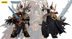 A highly detailed action figure of Abaddon the Despoiler from Warhammer 40,000 is showcased, featuring intricate armor adorned with gold and black accents. He wields a blue sword and is accompanied by the Talon of Horus, with a dramatic cape and a headdress decorated with skulls. The background features a faint image of Abaddon, emphasizing his imposing presence and the chaotic aesthetic of the character.