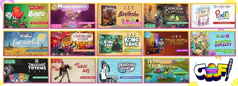 A grid of 9 colorful board game boxes with titles like Bariloche, Kong Kang, and Frogs on the Hunt.