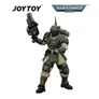 Green-armored Warhammer 40,000 action figure holding a large gun, JOYTOY and Warhammer 40,000 logos above.