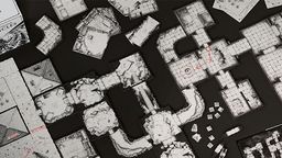 A detailed overhead view of a modular dungeon map, featuring various interconnected tiles with intricate designs representing stone floors and walls. Some tiles depict rooms and corridors, while others show circular areas and pathways. Red markings indicate specific points of interest, such as traps or objectives, enhancing the dynamic nature of gameplay.