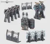 Five Warhammer 40,000 terrain pieces: two grey metal barricades with intricate designs, a grey and blue mechanical structure with pipes and glowing accents, a grey fortress wall with a gate and decorative carvings, a grey and blue mechanical walkway with glowing blue vines, and a grey mech suit