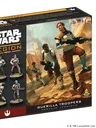 Boxed Star Wars: Legion set labeled "Guerrilla Troopers." Features seven miniatures: two standing female troopers in desert gear, one holding a rifle; five smaller figures in varied poses, some with weapons. Background shows rocky terrain with distant structures.
