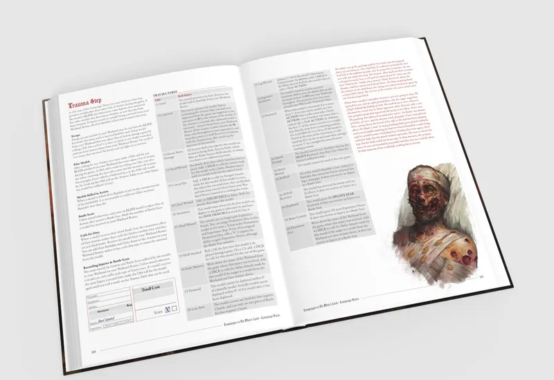 Open book with text and illustration of a bandaged, disfigured face.