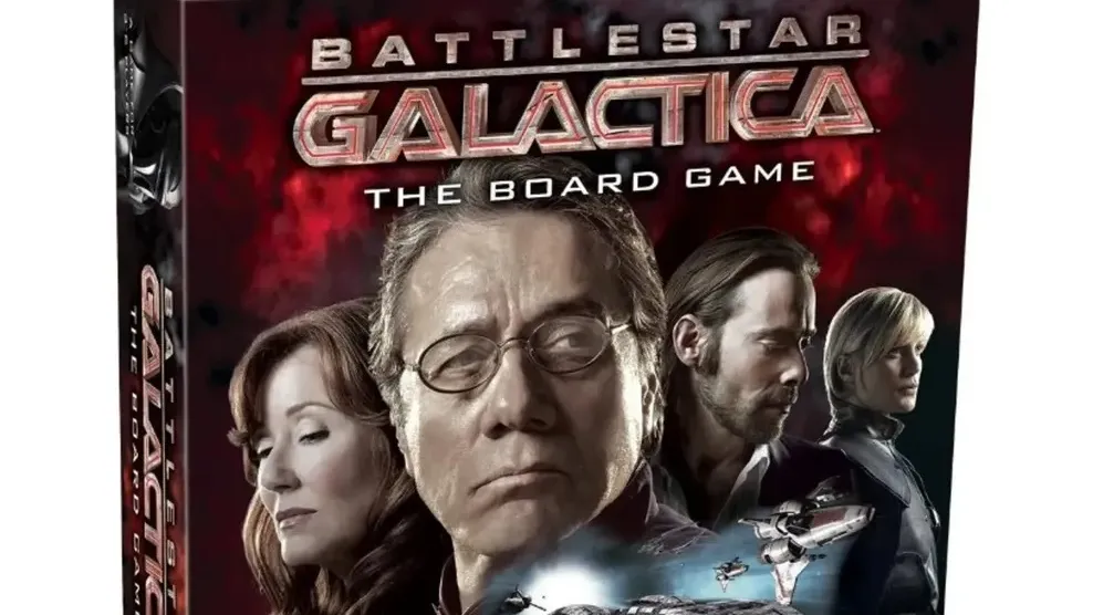 Board game box for Battlestar Galactica: The Board Game. Features four characters: a man with glasses and serious expression in the center, a woman with short hair to his left, a bearded man in uniform to his right, and a young woman in uniform behind.