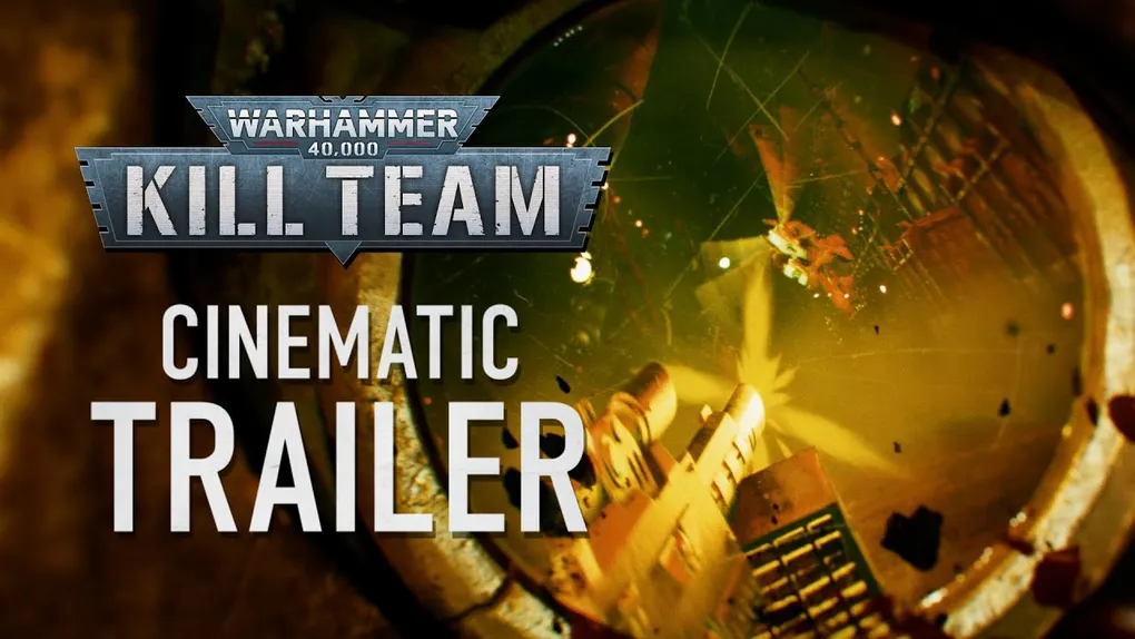 The image features the title "WARHAMMER 40,000 KILL TEAM" prominently displayed at the top, with a metallic and rugged design. Below, the word "CINEMATIC" is shown in bold white letters, followed by "TRAILER" in a slightly smaller font, also in white. The background is dark and textured, suggesting a gritty, industrial environment, possibly hinting at the themes of the upcoming release, Operation Hivestorm.