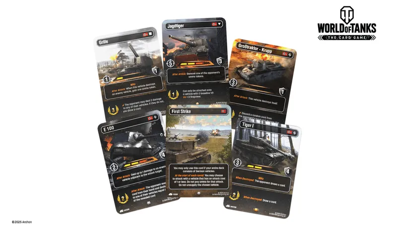 A collection of World of Tanks card game cards is displayed, featuring various tank illustrations and gameplay details. Prominent cards include "JagdTiger," "GroBrakator - Krupp," "First Strike," and "Tiger I," each showcasing unique abilities and stats such as attack power and special effects. The World of Tanks logo is visible in the top right corner, emphasizing the game's branding.