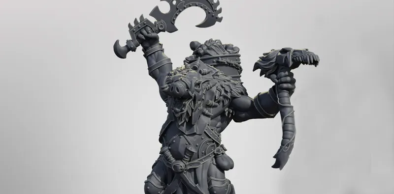 A muscular, anthropomorphic pig warrior, Midas, is depicted in a dynamic pose, raising a large, curved weapon in one hand while holding a severed animal head in the other. He is adorned with armor and accessories that emphasize his fierce and battle-ready nature, including a mane of fur and a belt with various pouches. The figure is rendered in a gray material, showcasing intricate details of his armor and facial features, set against a plain background.