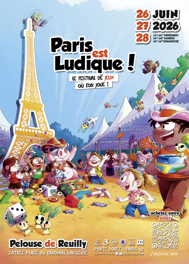 A colorful illustration depicts a lively festival scene at Pelouse de Reuilly, featuring a large, cartoonish Eiffel Tower in the background. Various children and adults are joyfully engaging with games and toys scattered around, including dice, colorful blocks, and other playful items. Tents are set up in the background, and the text "LE FESTIVAL DE JEUX OÙ L'ON JOUE!" is prominently displayed at the top, inviting attendees to join in the fun.