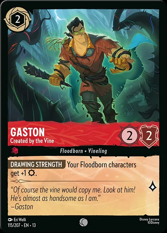 Gaston holding a sword, green background, card text: GASTON Created by the Vine