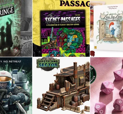 Top left: "PASSAGE" logo, "SECRET PASSAGES" box with colorful fantasy art, text "A CELEBRATION OF CLASSIC TABLETOP GAMING." Top right: "Line by Line" book cover showing a child in a mirror with text "Designed by Tink Stainton."
