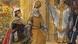 Illustrated book cover for *Pendragon: Noble's Handbook*. At the top, bold white text reads "Noble's Handbook" against a red banner with ornate gold trim. Above this, a blue banner with a gold border displays the word "Pendragon" in white capital letters.

The scene depicts three central figures in medieval attire. On the left, a knight in black and gold armor with a red cloak holds a sword and stands before a crowd of armored soldiers carrying flags bearing a red cross on a white and blue background. In the center, a woman in an elaborate golden dress and crown descends stone steps flanked by intricately carved pillars. To the right, a bishop in white and gold robes, mitre, and carrying a staff stands on the steps, raising a hand in blessing or greeting. At the bottom right, a kneeling man in blue tunic and brown hose appears to be polishing the bishop’s shoes. The background features detailed stone architecture with decorative carvings.
