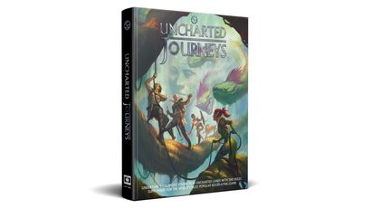 A fantasy role-playing game supplement titled "Uncharted Journeys" is prominently displayed, featuring a colorful cover illustration. The artwork depicts a diverse group of adventurers, including a warrior, a rogue, and a spellcaster, navigating a lush, mystical landscape filled with fantastical creatures and vibrant foliage. The spine of the book is visible, showcasing the title and a logo, while the tagline at the bottom invites players to undertake dangerous journeys in uncharted lands.