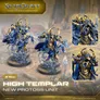 Three blue-and-gold miniature figures of a Protoss High Templar unit on rocky terrain, posed dynamically with glowing blue energy effects. Two larger figures stand on raised platforms, one holding a staff, the other with arms outstretched. A smaller inset shows a close-up of the same figure’s face.