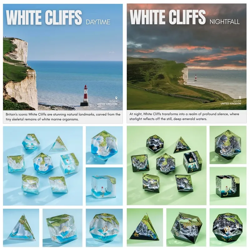 A split image showcases two themed sets of dice inspired by the White Cliffs of Dover, presented in a hexagonal format. On the left, the "Daytime" set features vibrant blue and green colors, depicting the cliffs and a lighthouse against a clear sky. The right side, labeled "Nightfall," presents a darker palette with deep emerald waters and a starry sky, highlighting the transformation of the landscape at night. Each set includes various polyhedral dice, beautifully designed to reflect the iconic landmark.