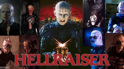 A central figure with a wire-mesh skull and muscular torso, holding a glowing puzzle box. Surrounding images show distorted faces, dark figures, and a cityscape at dusk. Red text reads "HELLRAISER."