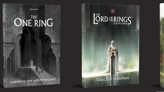 Two roleplaying game books are displayed side by side against a dark background. On the left, "Hands of the White Wizard" features a shadowy illustration of a group of figures ascending stone steps, hinting at a mysterious setting. On the right, "Trials of Saruman" showcases a striking image of Saruman, depicted in a flowing robe, standing before a pedestal with a glowing orb, surrounded by ethereal light. Both covers highlight their respective titles prominently at the bottom.