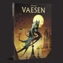A book cover for "Vaesen: Mythic Carpathia" features a menacing creature with bat-like wings and a humanoid form, perched on a gothic spire. The background showcases a full moon illuminating a dark sky filled with bats, while a silhouette of a castle and mountains adds to the eerie atmosphere. The title "VAESEN" is prominently displayed at the top, with "MYTHIC CARPATHIA" at the bottom, all set against a muted color palette that enhances the spooky theme.