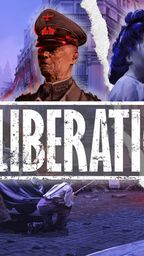 A dramatic illustration depicts a divided scene representing the conflict between Nazi occupiers and the French Resistance in Paris. On the left, a stern Nazi officer in a military uniform stands prominently, while on the right, a woman with dark hair and a determined expression symbolizes the Resistance. The background features a chaotic urban landscape with smoke and flames, and the word "LIBERATION" is boldly displayed across the center, emphasizing the game's theme.