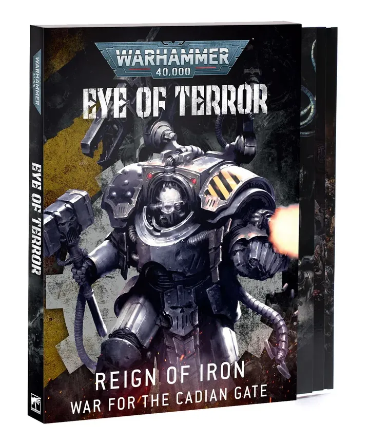 A slipcase set titled "Eye of Terror: Reign of Iron" for Warhammer 40,000 10th Edition features a prominent image of a heavily armored Iron Warrior, equipped with a bolter and a menacing expression. The background includes abstract shapes in shades of yellow and gray, enhancing the dramatic effect. The title "EYE OF TERROR" is displayed at the top, with "REIGN OF IRON" and "WAR FOR THE CADIAN GATE" prominently featured at the bottom. The slipcase contains two hardcover books and a booklet, all related to the Iron Warriors' campaign.