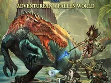 Cover art for a tabletop RPG showing a large, armored dinosaur-like creature attacking three armored adventurers near rocky ruins. One adventurer wields a spear, another a sword, and a third holds a glowing orb.