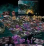 Board game with purple and beige miniatures, cards, and a box labeled "Call of Cthulhu Old Ones Origins".