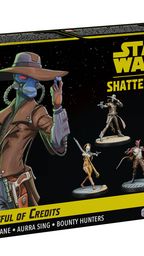 A box for the "Fistful of Credits" expansion for Star Wars: Shatterpoint features vibrant artwork of several bounty hunters. Prominently displayed is Cad Bane, a blue-skinned character wearing a wide-brimmed hat and a long coat, alongside Aurra Sing, who is depicted in a striking outfit. Other characters, including a Chadran-Fan, Todo 360, and a Devaronian, are shown in dynamic poses, emphasizing their roles as Secondary and Supporting Units. The box design includes the Star Wars and Shatterpoint logos, with a color scheme of black, yellow, and blue.